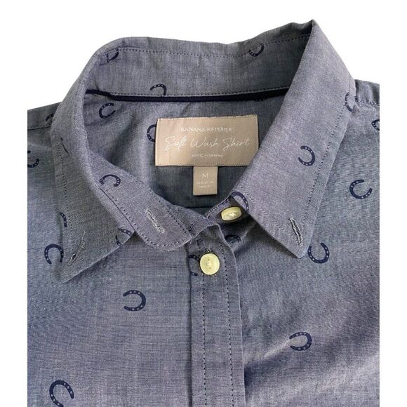Banana Republic Shirt Women's M Blue Soft Wash Button-Up Horseshoe Print Country - Picture 9 of 12